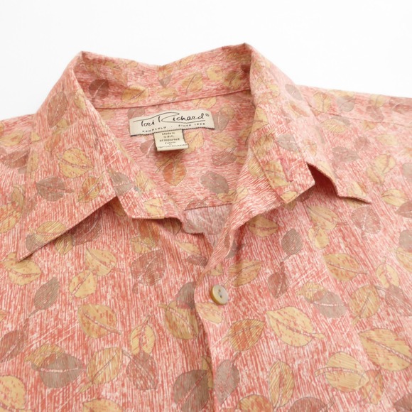 Tori Richard Mens Button Up Shirt Orange Leaf Print Cotton Lawn Camp Large - Picture 2 of 11